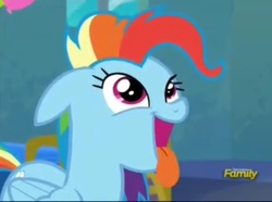 Size: 1533x1141 | Tagged: safe, screencap, rainbow dash, g4, newbie dash, alternate hairstyle, behaving like a dog, behaving like pinkie pie, discovery family logo, dynamic dash, female, impressions, open mouth, panting, puppy pie, solo, tongue out