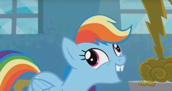 Size: 1384x732 | Tagged: safe, screencap, rainbow dash, pony, g4, newbie dash, alternate hairstyle, bucktooth, derp, discovery family logo, faic, forthright filly, silly, silly pony