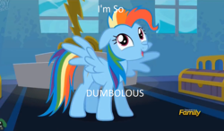 Size: 1280x749 | Tagged: safe, edit, edited screencap, screencap, rainbow dash, g4, newbie dash, behaving like pinkie pie, discovery family logo, dynamic dash, meme