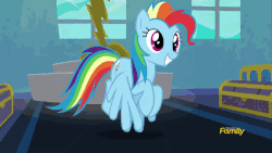 Size: 500x281 | Tagged: safe, screencap, rainbow dash, g4, newbie dash, animated, balloon, balloon popping, bed, behaving like pinkie pie, discovery family logo, dynamic dash, female, party balloon, solo