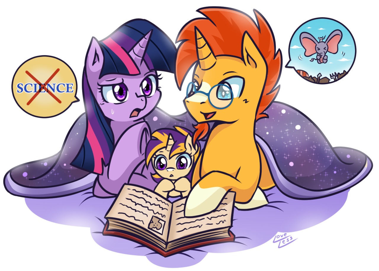 1148478 - safe, artist:vavacung, sunburst, twilight sparkle, oc, oc:bright  sun, alicorn, pony, blanket, book, criticism, dumbo, female, male, mare,  offspring, open mouth, parent:sunburst, parent:twilight sparkle,  parents:twiburst, prone, shipping ...