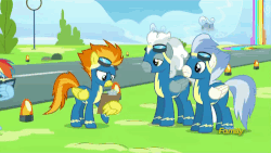 Size: 500x281 | Tagged: safe, screencap, rainbow dash, silver lining, silver zoom, spitfire, wind waker, pegasus, pony, g4, newbie dash, animated, book, broken glasses, clipboard, discovery family logo, female, gif, glasses, goggles, male, mare, reading rainboom, stallion, wing hands, wonderbolts, wonderbolts uniform