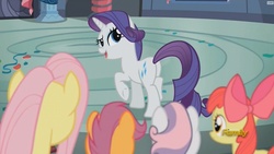 Size: 1280x720 | Tagged: safe, screencap, apple bloom, fluttershy, rarity, scootaloo, sweetie belle, earth pony, pony, g4, newbie dash, butt, cutie mark crusaders, discovery family logo, female, looking back, mare, open mouth, plot, raised eyebrow, raised hoof, raised leg, smiling