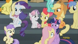 Size: 1280x720 | Tagged: safe, screencap, alula, apple bloom, applejack, carrot top, fluttershy, golden harvest, goldengrape, pluto, rarity, sir colton vines iii, sweetie belle, twilight sparkle, alicorn, earth pony, pony, g4, newbie dash, background pony, cutie mark, discovery family logo, female, filly, hair over one eye, male, mare, stallion, the cmc's cutie marks, twilight sparkle (alicorn), unnamed character, unnamed pony