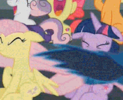Size: 571x465 | Tagged: safe, screencap, apple bloom, applejack, fluttershy, rarity, sweetie belle, twilight sparkle, alicorn, pegasus, pony, g4, newbie dash, animated, cutie mark, faic, female, filly, hair over one eye, mare, nose in the air, shipping fuel, sitting, the cmc's cutie marks, twilight sparkle (alicorn), volumetric mouth, windswept mane