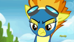 Size: 500x281 | Tagged: safe, screencap, spitfire, pegasus, pony, g4, newbie dash, angry, animated, blinking, cute, cutefire, discovery family logo, female, frown, goggles, mare, orange eyes, orange hair, orange mane, solo, spitfire is not amused, two toned hair, two toned mane, unamused, wonderbolts uniform, yellow coat, yellow fur, yellow pony