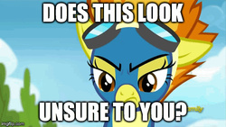 Size: 500x281 | Tagged: safe, edit, edited screencap, screencap, spitfire, pegasus, pony, g4, newbie dash, season 6, angry, caption, clothes, discovery family, discovery family logo, does this look unsure to you?, female, frown, goggles, image macro, just one bite, logo, mare, meme, orange eyes, orange hair, orange mane, solo, spitfire is not amused, spongebob squarepants, squidward tentacles, text, two toned hair, two toned mane, unamused, uniform, wonderbolts uniform, yellow coat, yellow fur, yellow pony