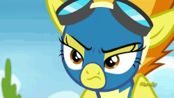 Size: 500x281 | Tagged: safe, screencap, spitfire, g4, newbie dash, angry, animated, cute, cutefire, discovery family logo, female, goggles, solo, spitfire is not amused, unamused, wonderbolts uniform