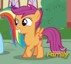Size: 573x521 | Tagged: safe, screencap, scootaloo, pegasus, pony, g4, newbie dash, animated, cute, cutealoo, cutie mark, discovery family logo, excited, female, filly, loop, the cmc's cutie marks, trotting, trotting in place