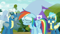 Size: 1241x696 | Tagged: safe, screencap, misty fly, rainbow dash, silver lining, silver zoom, soarin', pegasus, pony, g4, newbie dash, animated, bandage, discovery family logo, female, male, mare, spread wings, stallion, wonderbolts uniform