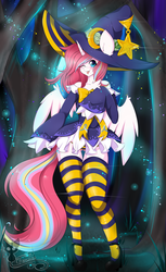Size: 3065x5000 | Tagged: safe, artist:teranen, oc, oc only, oc:nekonin, alicorn, anthro, unguligrade anthro, alicorn oc, arm hooves, clothes, colored pupils, crossdressing, cute, femboy, forest, high heels, high res, male, one eye closed, signature, solo, tera, tongue out, trap, underass, wink, witch