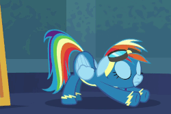 Size: 842x560 | Tagged: safe, screencap, rainbow dash, g4, newbie dash, animated, backbend, cobra stretch, eyes closed, female, floppy ears, goggles, invisible stallion, iwtcird, loop, meme, open mouth, out of context, spread wings, stretching, wonderbolts uniform
