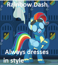 Size: 247x273 | Tagged: safe, edit, edited screencap, screencap, rainbow dash, g4, newbie dash, funny, image macro, locker room, meme, rainbow dash always dresses in style, rainbow fash, wonderbolts uniform