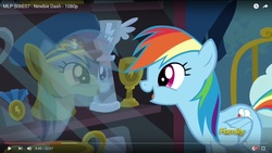 Size: 1600x900 | Tagged: safe, screencap, rainbow dash, g4, newbie dash, discovery family logo, display case, hat, medal, reflection, trophies, youtube