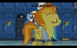 Size: 1440x900 | Tagged: safe, edit, edited screencap, screencap, spitfire, pegasus, pony, g4, newbie dash, caption, discovery family logo, eyes closed, female, locker room, mare, meme, nudity, stupid sexy spitfire, towel, we don't normally wear clothes