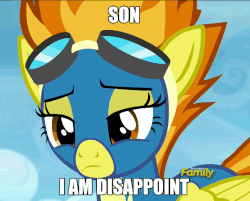 Size: 899x724 | Tagged: safe, screencap, spitfire, g4, newbie dash, animated, cute, cutefire, disappointed, discovery family logo, female, head shake, image macro, lidded eyes, loop, meme, solo, son i am disappoint, wonderbolts uniform