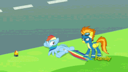 Size: 960x540 | Tagged: safe, screencap, rainbow dash, spitfire, pegasus, pony, g4, newbie dash, animated, aviator goggles, discovery family logo, female, folded wings, goggles, lying down, mare, prone, sploot, spread wings, tail pull, wings, wonderbolts uniform