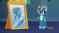 Size: 954x538 | Tagged: safe, screencap, rainbow dash, g4, newbie dash, discovery family logo, double rainbow, goggles, mirror, wonderbolts uniform