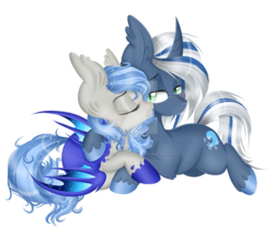 Size: 1024x851 | Tagged: safe, artist:pvrii, oc, oc only, oc:coastal frost, oc:midnight radiance, bat pony, pony, female, kissing, male, prone, shipping, simple background, straight, transparent background