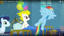 Size: 1600x900 | Tagged: safe, screencap, rainbow dash, soarin', surprise (g4), pony, g4, newbie dash, balloon, behaving like pinkie pie, cute, discovery family logo, floppy ears, youtube