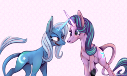 Size: 1280x762 | Tagged: safe, artist:caninegalactic, starlight glimmer, trixie, classical unicorn, pony, unicorn, g4, female, horn, leonine tail, lesbian, mare, ship:startrix, shipping, unshorn fetlocks