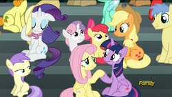 Size: 1280x720 | Tagged: safe, screencap, alula, apple bloom, applejack, carrot top, fluttershy, golden harvest, goldengrape, pluto, rarity, sir colton vines iii, sweetie belle, twilight sparkle, alicorn, earth pony, pegasus, pony, unicorn, g4, newbie dash, background pony, cutie mark, discovery family logo, female, filly, holding hooves, male, mare, shipping fuel, stallion, the cmc's cutie marks, twilight sparkle (alicorn), unnamed character, unnamed pony