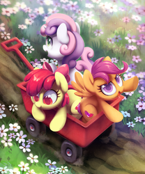 Size: 1650x1981 | Tagged: safe, artist:dawnfire, apple bloom, scootaloo, sweetie belle, earth pony, pegasus, pony, unicorn, g4, adorabloom, bow, colored pupils, cute, cutealoo, cutie mark, cutie mark crusaders, daaaaaaaaaaaw, diasweetes, female, filly, flower, hair bow, open mouth, print, scenery, smiling, the cmc's cutie marks, trio, trio female, wagon