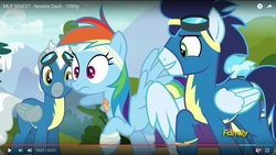 Size: 1600x900 | Tagged: safe, screencap, misty fly, rainbow dash, silver lining, silver zoom, soarin', pegasus, pony, g4, newbie dash, bandage, discovery family logo, female, male, mare, out of context, stallion, wonderbolts uniform, youtube