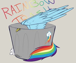 Size: 1024x854 | Tagged: safe, artist:mattsykun, rainbow dash, pegasus, pony, g4, newbie dash, ambiguous gender, fluffy, gray background, into the trash it goes, rainbow trash, simple background, solo, spread wings, trash can