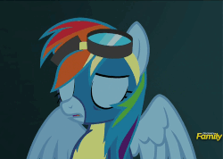 Size: 500x356 | Tagged: safe, edit, edited screencap, screencap, rainbow dash, pegasus, pony, g4, newbie dash, season 6, alternate hairstyle, animated, blinking, discovery family logo, eye flutter, eyebrows, eyes closed, fabulous, female, frown, gif, goggles, loop, mare, open mouth, rainbow fash, rarity's hair, reversed, seduction, smiling, solo, wing hands, wonderbolts uniform