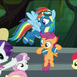 Size: 640x640 | Tagged: safe, screencap, apple bloom, rainbow dash, rarity, scootaloo, sweetie belle, earth pony, pony, g4, newbie dash, season 6, animated, cutie mark crusaders, female, floating, gif, goggles, holding a pony, leg wiggle, loop, pointing, talking, wonderbolts uniform