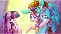 Size: 1024x576 | Tagged: safe, artist:starlyfly, starlight glimmer, trixie, twilight sparkle, oc, oc:ilovekimpossiblealot, alicorn, pony, g4, no second prances, chest fluff, colored pupils, counterparts, female, hoof around neck, lidded eyes, looking at each other, looking down, magical trio, mare, nervous, open mouth, smiling, sweat, sweatdrop, twilight sparkle (alicorn), twilight's counterparts, underhoof
