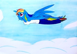 Size: 2343x1654 | Tagged: safe, artist:killerteddybear94, rainbow dash, anthro, plantigrade anthro, g4, clothes, cloud, female, flying, solo, spread wings, tank top, traditional art, wings