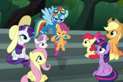 Size: 990x662 | Tagged: safe, screencap, apple bloom, applejack, fluttershy, rainbow dash, rarity, scootaloo, sweetie belle, twilight sparkle, alicorn, pony, g4, newbie dash, cutie mark, cutie mark crusaders, female, filly, goggles, holding a pony, mare, out of context, the cmc's cutie marks, twilight sparkle (alicorn), wonderbolts uniform