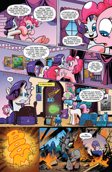 Size: 900x1384 | Tagged: safe, artist:andypriceart, idw, official comic, cookie crumbles, pinkie pie, rarity, sweetie belle, earth pony, pony, unicorn, g4, spoiler:comic, spoiler:comic42, book, chemistry, comic, explosion, female, filly, fire, foal, glowing horn, horn, i want to believe, lab goggles, levitation, magic, magic aura, mare, my tiny gecko, preview, pyro belle, shaved tail, speech bubble, sweetie bald, sweetie belle's magic brings a great big smile, sweetie fail, sweetiedumb, teddy bear, telekinesis, the x files, thermodynamics, this ended in explosions, young frankenstein