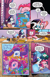 Size: 900x1384 | Tagged: safe, artist:andypriceart, idw, official comic, opalescence, pinkie pie, rarity, earth pony, pony, unicorn, g4, spoiler:comic, spoiler:comic42, comic, duo, female, fourth wall, lisa frank, mare, preview, speech bubble, style emulation