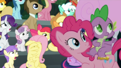 Size: 854x479 | Tagged: safe, screencap, apple bloom, blue october, blueberry muffin, doctor whooves, fluttershy, lily, lily valley, pinkie pie, rarity, spike, sweetie belle, time turner, earth pony, pony, g4, newbie dash, cotton candy, cutie mark, discovery family logo, duckface, female, filly, food, male, stallion, the cmc's cutie marks, unnamed character, wing hands
