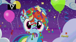 Size: 960x538 | Tagged: dead source, source needed, useless source url, safe, screencap, rainbow dash, g4, newbie dash, animated, balloon, confetti, cute, dashfetti, discovery family logo, female, frown, looking at you, mouth hold, night, open mouth, tv-y, wide eyes
