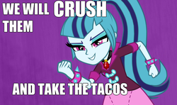 Size: 874x518 | Tagged: safe, edit, screencap, sonata dusk, equestria girls, g4, my little pony equestria girls: rainbow rocks, food, meme, taco, text edit