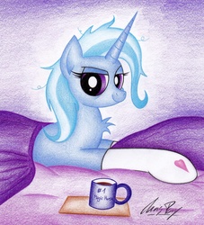 Size: 1024x1127 | Tagged: safe, artist:thechrispony, trixie, pony, unicorn, g4, bed, chest fluff, clothes, female, looking at you, mare, messy mane, morning ponies, mug, socks, solo, traditional art