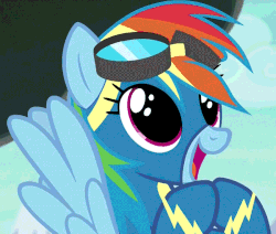 Size: 850x720 | Tagged: safe, screencap, rainbow dash, pegasus, pony, g4, newbie dash, season 6, animated, aviator goggles, cute, dashabetes, diabetes, dilated pupils, eye shimmer, female, flapping, flapping wings, flying, goggles, happy, loop, mare, open mouth, open smile, smiling, solo, spread wings, wide eyes, wings, wonderbolts uniform