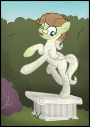 Size: 2050x2876 | Tagged: safe, artist:icaron, oc, oc only, oc:saga, pegasus, pony, canterlot, garden, high res, inanimate object, inanimate tf, objectification, petrification, plinth, show accurate, solo, statue, stone, transformation