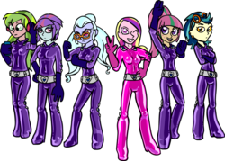 Size: 1205x864 | Tagged: safe, artist:shennanigma, dean cadance, indigo zap, lemon zest, princess cadance, sour sweet, sugarcoat, sunny flare, equestria girls, g4, catsuit, female, latex, shadow five, simple background, totally spies, transparent background