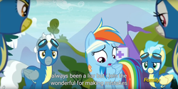 Size: 1920x970 | Tagged: safe, screencap, rainbow dash, spitfire, g4, newbie dash, discovery family logo, meme, wonderbolts uniform, youtube caption