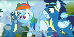 Size: 1920x970 | Tagged: safe, screencap, misty fly, rainbow dash, silver lining, silver zoom, soarin', pony, g4, newbie dash, blogger, discovery family logo, meme, wonderbolts uniform, youtube caption