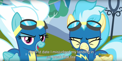 Size: 1920x970 | Tagged: safe, screencap, fleetfoot, misty fly, g4, newbie dash, discovery family logo, meme, wonderbolts uniform, youtube caption