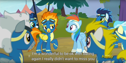 Size: 1920x970 | Tagged: safe, screencap, high winds, misty fly, rainbow dash, silver lining, silver zoom, soarin', spitfire, surprise (g4), pony, g4, newbie dash, bandage, dating, discovery family logo, eye contact, implied lesbian, implied shipping, implied spitdash, lidded eyes, meme, open mouth, smiling, wonderbolts uniform, youtube caption