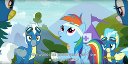 Size: 1920x970 | Tagged: safe, screencap, misty fly, rainbow dash, silver lining, silver zoom, spitfire, g4, newbie dash, discovery family logo, meme, wonderbolts uniform, youtube caption