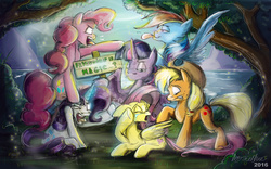 Size: 1024x640 | Tagged: safe, artist:mad munchkin, applejack, fluttershy, pinkie pie, rainbow dash, rarity, twilight sparkle, alicorn, pony, g4, crying, everypony in this town is crazy, female, forest, gritted teeth, mane six, mane six opening poses, mare, scene interpretation, title drop, tongue out, twilight sparkle (alicorn), unamused, watermark