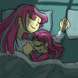 Size: 630x630 | Tagged: safe, artist:kul, sour sweet, oc, oc:bitter honey, equestria girls, g4, my little pony equestria girls: friendship games, crystal prep academy, crystal prep shadowbolts, duo, fanfic art, fanfic cover, momma sour sweet, moonlight, night, sleeping, window